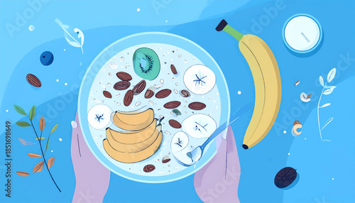 Top-down view of hands holding a breakfast bowl with bananas, kiwi, and almonds on a bright blue background