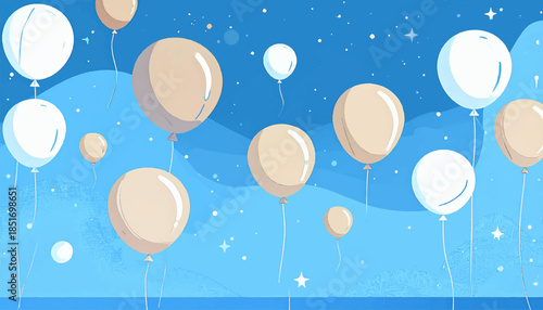 Upbeat festive scene beige and white balloons float amidst a blue sky filled with stars and soft cloud-like shapes