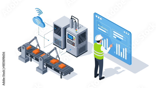 Industrial worker in a hard hat analyzing data on a large screen next to a manufacturing conveyor belt with a factory machine.