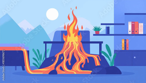 Stylized interior with lava flow from a desk. Mountains and a sun are visible through the window in the background