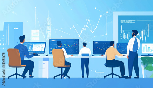 Traders analyze market charts and data on monitors in a modern office space