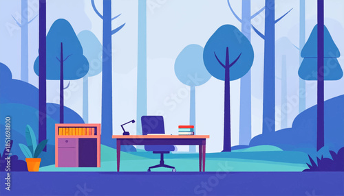 Stylized illustration of a desk, filing cabinet, and potted plant set against an abstracted forest backdrop