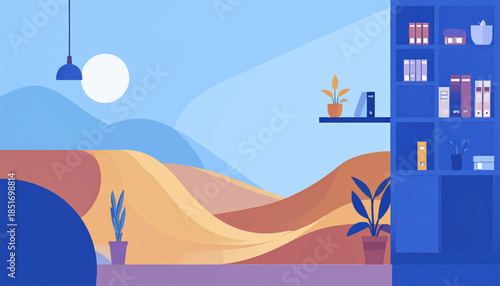 Vector art depicts a room with a background scene of hills, and a bookshelf filled with books and plants
