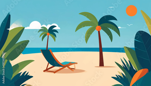 Tropical beach scene with palm trees, lounge chair, and blue sea, rendered in a flat, stylized, illustrative manner