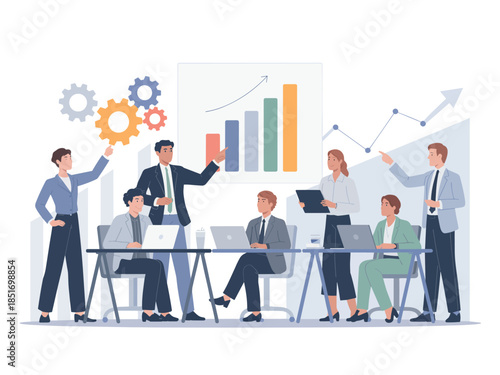 Business professionals collaborating in a meeting with diverse individuals and graphical data analysis in a modern office environment from a frontal viewpoint