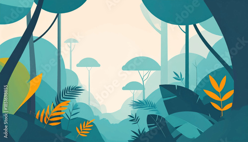 Stylized jungle scene with tall trees, rolling hills, and bold green/orange foliage in muted tones