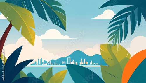 Tropical beach view of city skyline, rendered in a flat, stylized illustration with palm fronds framing the scene