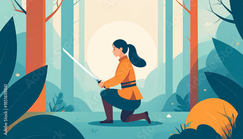 Vector art shows a person with sword kneeling in a teal and orange stylized forest scene with sunlit background
