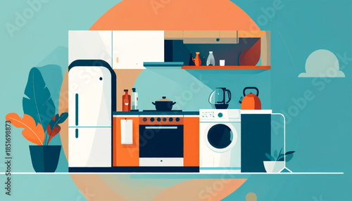Stylized kitchen illustration in teal, orange, white, featuring appliances and plants in a simple, modern style