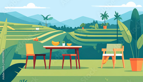 Tropical outdoor dining scene on rice terrace, table with fruit, two chairs, potted plants, vibrant colors
