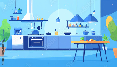 Stylized kitchen interior with blue cabinets, a table with food, and potted plants in a modern, flat aesthetic
