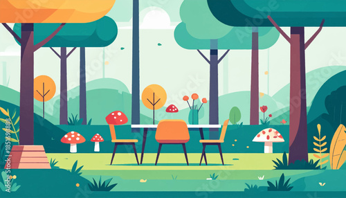Vector cartoon scene with outdoor table, chairs, and mushrooms in a whimsical forest