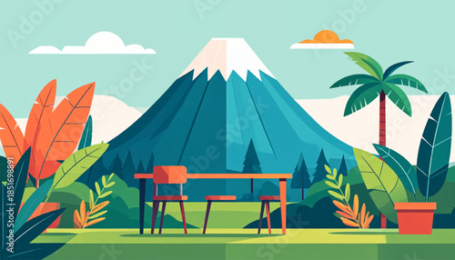 Tropical scene mountain backdrop, foliage, outdoor table and chairs, set against a bright, blue sky