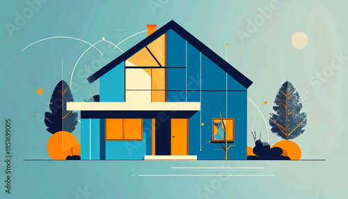 Stylized illustration of a house with a blue exterior, orange accents, set against a light blue sky