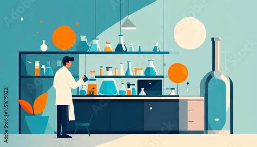 Stylized illustration of a lab scene with a scientist, beakers, and plant in shades of blue and orange
