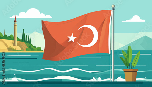 Turkish flag waves proudly over a bright blue sea; a potted plant sits nearby