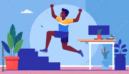 Vector illustration of a man jumping in the air, celebrating near a desk and stairs in a stylized room