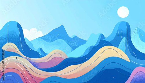 Stylized illustration of a landscape with blue mountains, curving pastel hills, and a white sun