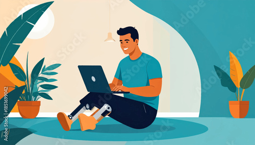 Vector illustration of a man with prosthetics working on laptop, indoors with plants in an abstract setting