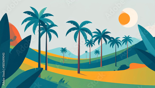 Stylized landscape art shows palm trees, leaves, rolling hills, and a bright sun in flat, bold colors
