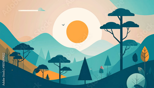 Stylized illustration of a landscape with rolling hills, trees, sun, and sky in a limited color palette