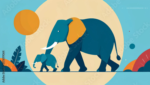 Stylized illustration of a large and small blue elephant walking in front of a cream circle and orange sun