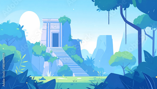 Vector illustration of ancient structure in a blue landscape with mountain background