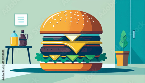Stylized illustration of a large burger in a room with bottles on a table and plant near a door