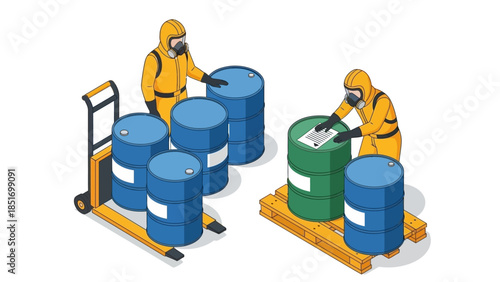 Illustration of two workers in hazmat suits handling industrial barrels on pallets