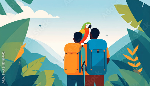 Two backpackers facing mountains, parrot on shoulder, amidst abstract foliage in a bright, flat, vector illustration