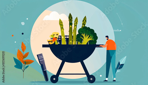 Stylized illustration of a man grilling vegetables on a barbeque against a pastel background with soft lighting