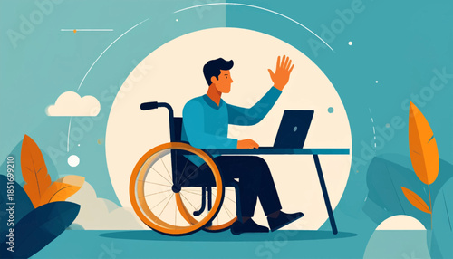 Stylized illustration of a man in a wheelchair waving at a desk with laptop, against a simple, light background