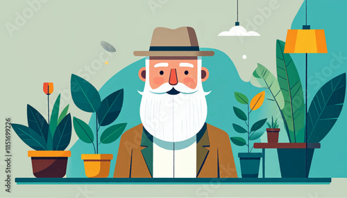 Stylized illustration of a man with a white beard surrounded by houseplants in an indoor setting
