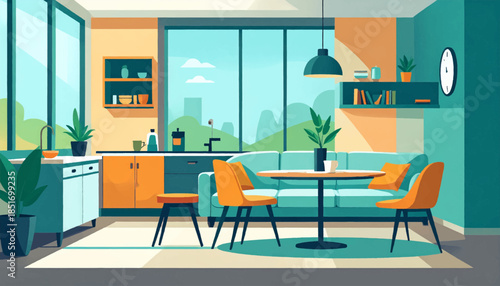 Vibrant, stylized interior of a combined kitchen and living room, featuring furniture, plants and a large window
