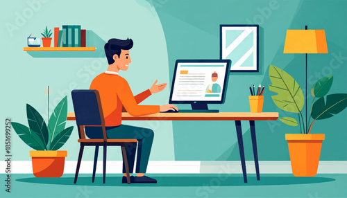 Stylized illustration of a man working from home at a desk with computer, plants, and a lamp