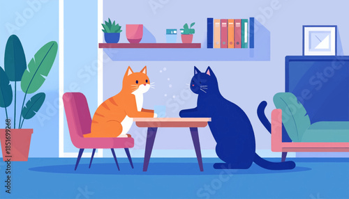 Two cartoon cats, one orange and one blue, sit at a small table inside, in a living room setting