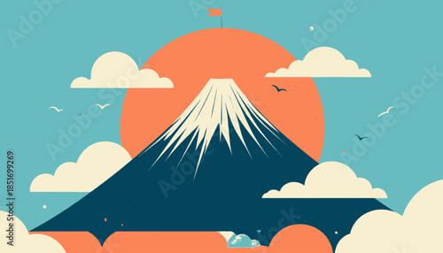 Stylized illustration of a mountain beneath a large sun, with clouds and birds in a blue sky