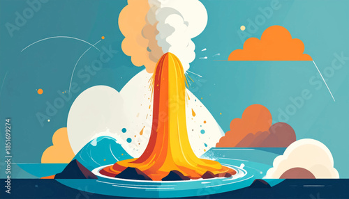Vivid cartoon eruption! Orange-yellow lava flows into ocean, clouds gather, sky teal. Stylized, flat