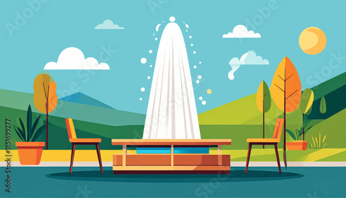 Stylized illustration of a park with a fountain, table, chairs, trees, hills, sun, and blue sky