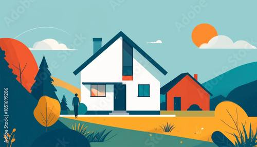 Stylized illustration of a person approaching a house in a colorful, idyllic natural setting