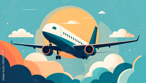 Stylized illustration of a passenger airplane flying in a bright sky with colorful clouds and a big sun