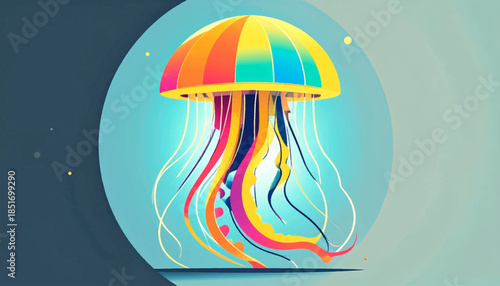 Vivid illustration of a jellyfish with bright, segmented cap and colorful tentacles against a blue backdrop