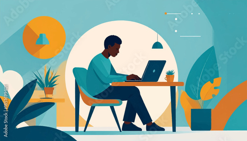 Stylized illustration of a person working on a laptop in a bright, color-blocked room