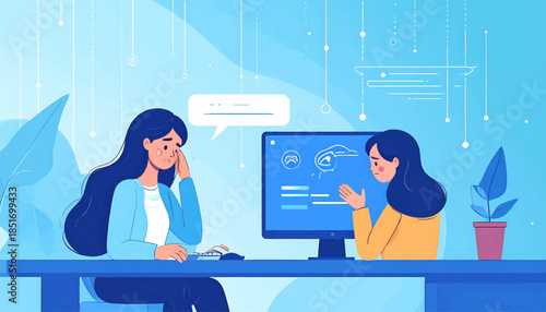 Two colleagues are discussing an issue. One is consoling the other in a blue workspace