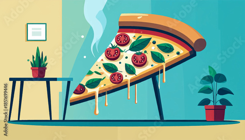 Stylized illustration of a pizza slice with basil, tomatoes, houseplants, and furniture against a blue wall