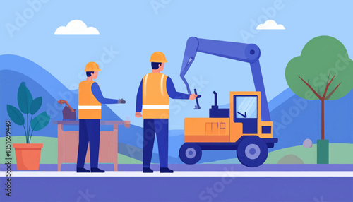 Two construction workers by excavator in a park-like setting on a work site