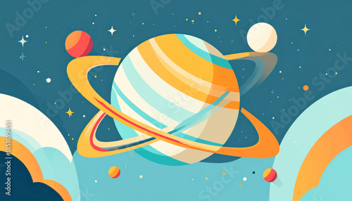 Stylized illustration of a planet with rings, other celestial bodies, and a cosmic backdrop