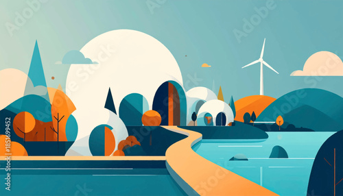 Stylized landscape painting with a winding path, water, geometric shapes, and a wind turbine