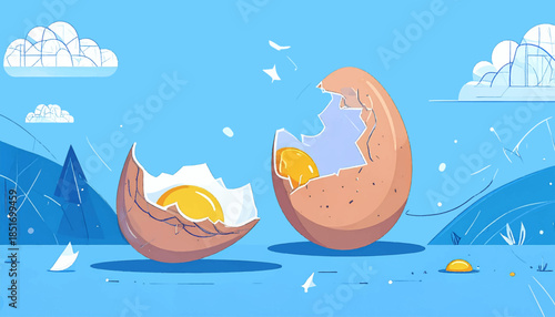 Two cracked eggs with visible yolks sit against a blue sky with sketched clouds and mountains