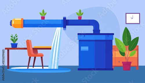 Water leaks from the pipe indoors, with furniture, a cabinet, and plants. Cartoon style, blue, brown, light blue color scheme